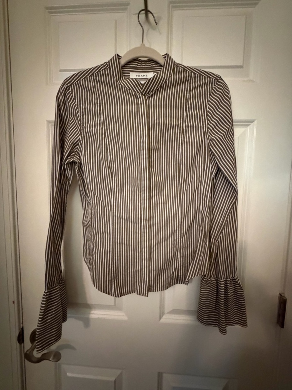 Frame Denim Brown and White Striped Band-Collar Dress Shirt